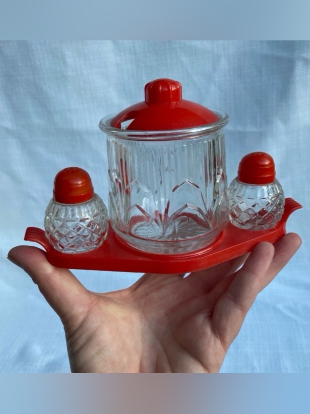 Vintage MCM Medco Glass Sugar, Salt & Pepper Set! Missing sugar spoon!